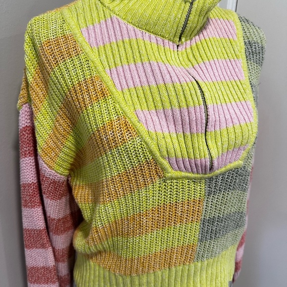 Sincerely Jules Collared Quarter Zip Sweater Neon Striped Cropped Color Block XL - Picture 8 of 11